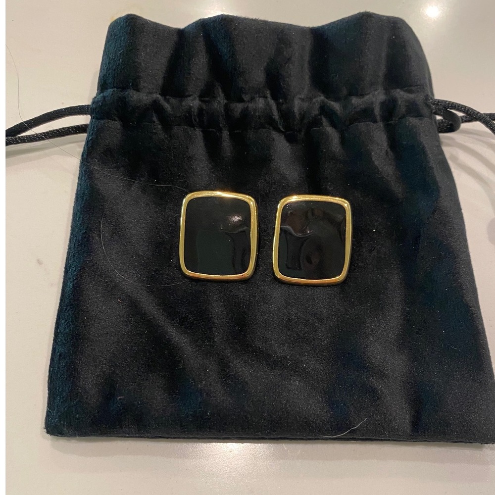 Vintage Monet Black Enamel Gold Tone Rectangular Clip On Earrings Statement